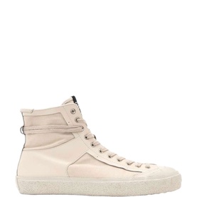 All Saints Chalk White high-top leather trainers with lace-up front, ankle zip detail, and speckled cream sole.