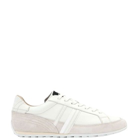 All Saints chalk white leather low-top trainer with suede panel detailing, white sole and black tongue tab accent