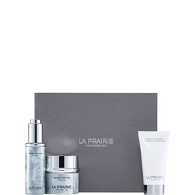 La Prairie Swiss Pristine Repairing Indulgences Gift Set with serum, cream, and cleanser in grey gift box
