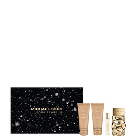 Michael Kors Pour Femme fragrance gift set with EDP bottle, rollerball, and two body lotions in star-print box