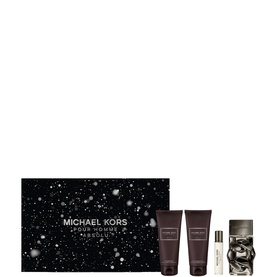 Michael Kors Pour Homme Absolut fragrance gift set with starry black box, eau de toilette, body wash, and travel spray