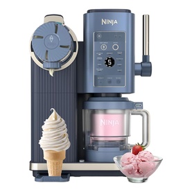Ninja Swirl by CREAMi 13-in-1 Ice Cream Maker in navy, shown with soft-serve cone and strawberry ice cream in bowl