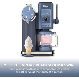 Ninja Swirl by CREAMi 13-in-1 Ice Cream Maker in Navy with soft-serve cone, digital display panel and silver accents