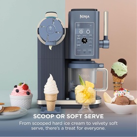 Ninja Swirl by CREAMi 13-in-1 Ice Cream Maker in navy, shown with soft serve cones and scooped ice cream desserts alongside the machine.