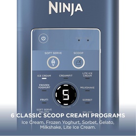 Ninja Swirl by CREAMi 13-in-1 Ice Cream Maker in Navy, showing digital display panel with 6 classic scoop programme settings
