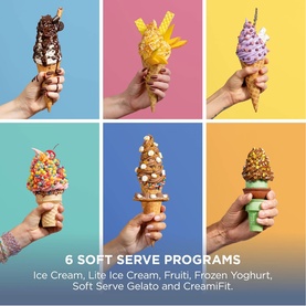 Ninja Swirl by CREAMi Ice Cream Maker lifestyle shot showing 6 soft serve programme varieties including ice cream, fruiti and frozen yoghurt.