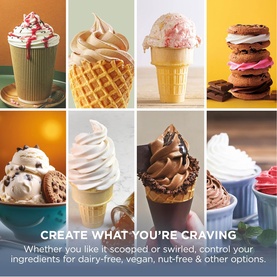 Ninja Swirl by CREAMi ice cream maker lifestyle shot showing scooped, swirled, and soft-serve creations including dairy-free and vegan options.
