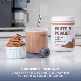 Ninja Swirl by CREAMi lifestyle shot showing chocolate protein powder, a creamy shake, and swirled chocolate dessert cup.