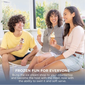Three friends enjoying ice cream cones and soft serve outdoors, styled to showcase the Ninja Swirl by CREAMi 13-in-1 Ice Cream Maker's swirl and soft