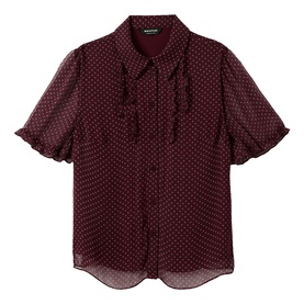 Whistles red polka dot sheer blouse with ruffle front detail, puff short sleeves, and button fastening