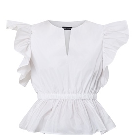 Roisin Linnane ivory cotton top with V-neckline, ruffle sleeves, and elasticated peplum waist