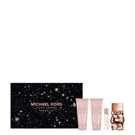 Michael Kors Pour Femme Absolu fragrance gift set with EDP bottle, two body lotions, and travel spray in star-print box