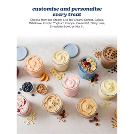 Ninja Ice Cream Maker 11-in-1 lifestyle shot showing variety of frozen treats including ice cream, sorbet and smoothie bowls in blue lidded cups