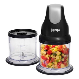 Ninja Stackable Chopper 200W 4000RPM in black, with two clear bowls filled with chopped vegetables and removable blade