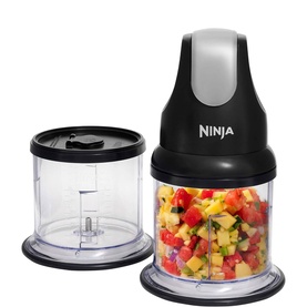 Ninja Stackable Chopper 200W 4000RPM in black, with two clear bowls filled with chopped vegetables and removable blade