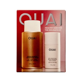 Ouai Healthy Hair for the Holidays Kit containing detox shampoo bottle and bond repair balm on red branded box