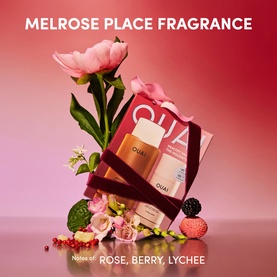 Ouai Melrose Place Fragrance hair care set with rose, berry and lychee notes, surrounded by pink flowers and berries