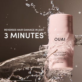 Ouai Bond Repair Balm in pink tube surrounded by water splash, with text highlighting 3-minute damage reversal claim