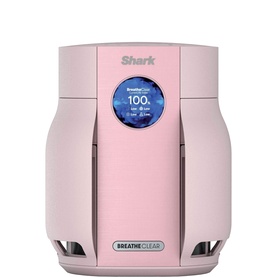 Shark BreatheClear air purifier in pale pink with circular digital display showing air quality readings