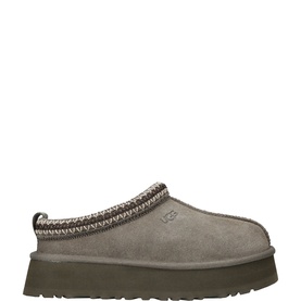 UGG Australia green suede platform slipper with contrast stitch trim, chunky ridged sole and UGG logo embossed on heel