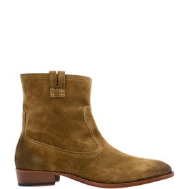 All Saints tobacco brown suede ankle boot with pull tab, pointed toe, and tan leather stacked heel