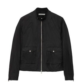 All Saints washed black zip-up jacket with band collar, chest flap pockets and silver-tone zip detailing