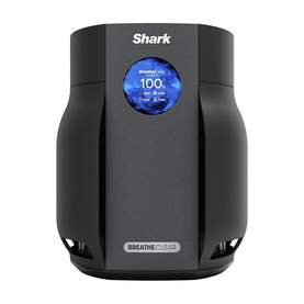 Shark Breathe Clear air purifier in matte black with circular blue digital display showing air quality reading