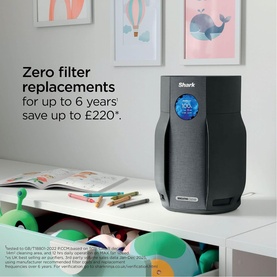 Shark Breathe Clear Compact Charcoal air purifier in dark grey, shown in a child's bedroom with colourful artwork, highlighting zero filter