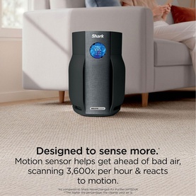 Shark Breathe Clear Compact Charcoal air purifier in dark grey with blue LED display, shown in a living room setting