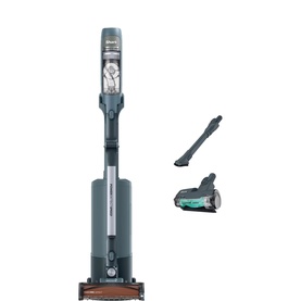Shark PowerDetect Speed Clean and Empty Pet Pro LUXE Harbour Slate cordless vacuum in blue, shown with crevice tool and pet attachment