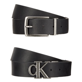 Calvin Klein Logo Belt Gift Set in black with two interchangeable silver-tone buckles: classic pin and CK logo plate.