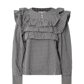 Damson Madder blouse in monochrome gingham check with tiered ruffle bib front, button detail, and long sleeves