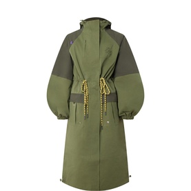 Damson Madder forest green longline hooded coat with contrast panels, drawstring waist, and yellow cord toggle detail