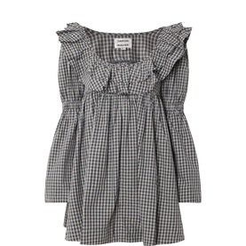 Damson Madder navy gingham cotton dress with ruffle collar, gathered bodice and long sleeves