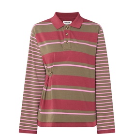 Damson Madder multi-stripe cotton polo top in pink, red and khaki with long sleeves and button placket