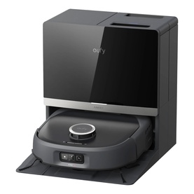 Eufy E35 Omni Robot Vacuum Cleaner With Mop in black, shown docked in auto-empty charging station with mopping pad attached