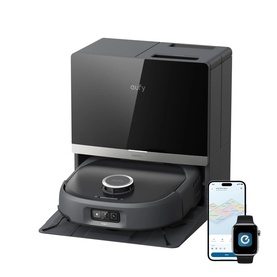 Eufy E35 Omni Robot Vacuum Cleaner With Mop in black, shown with docking station, alongside smartphone and smartwatch app display