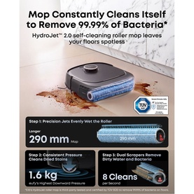 Eufy E35 Omni Robot Vacuum Cleaner With Mop in black, infographic showing HydroJet 2.0 self-cleaning roller and 290mm mop width