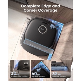 Eufy E35 Omni Robot Vacuum Cleaner With Mop in black, shown with edge and corner coverage graphic highlighting brush and mop extensions