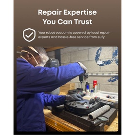Eufy E35 Omni Robot Vacuum being repaired by a technician in a blue coat, with text: Repair Expertise You Can Trust