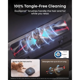 Eufy E35 Omni Robot Vacuum Cleaner With Mop in Black, DuoSpiral brush roll close-up with pet hair and fur cleaning demonstration.