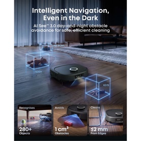 Eufy E35 Omni Robot Vacuum Cleaner With Mop in black, shown navigating a dark room with AI obstacle detection graphics overlay