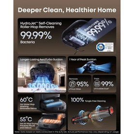 Eufy E35 Omni Robot Vacuum Cleaner With Mop in black, promotional graphic highlighting 99.99% bacteria removal, 95% dust and 99% invisible dust