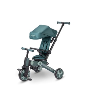 Micro Scooters green foldable toddler trike with canopy, parent push handle, harness seat, and transparent wheels
