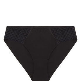 Simone Perele brief in Noir with textured geometric lace panel at front waistband and smooth stretch fabric body.