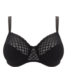 Simone Perele Full Cup Bra in Noir, featuring geometric diamond-pattern lace cups with adjustable straps and underwire support.
