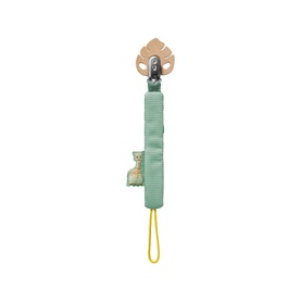 Sophie the Giraffe sage green dummy clip with leaf-shaped wooden holder, small giraffe motif, and yellow loop end