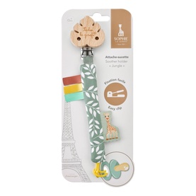 Sophie the Giraffe soother holder clip in multi-colour, leaf-print fabric strap with giraffe charm and dummy attachment, packaged on card