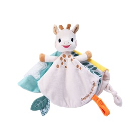 Sophie the Giraffe multi-colour comfort blanket comforter with giraffe character head, teal and white fabric, leaf and ribbon tags