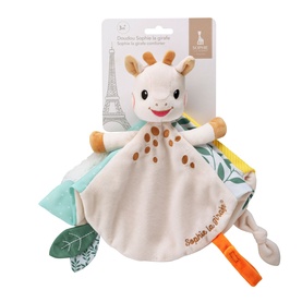 Sophie the Giraffe multi-coloured comforter toy with giraffe head, soft blanket body, leaf teether tags, in packaging
